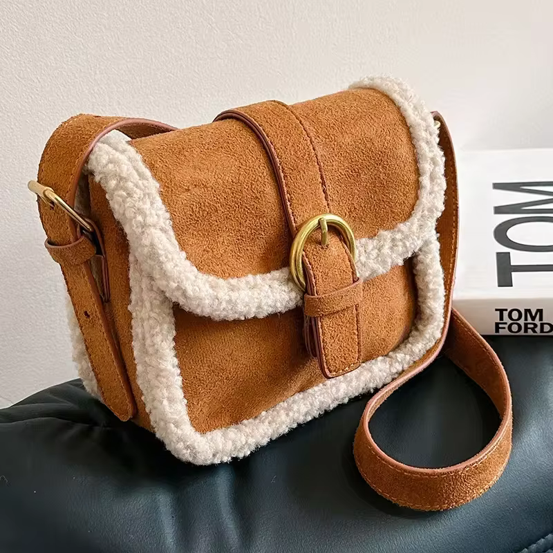 Autumn Winter Plush Bag Women's Korean Retro Small Square Handbags New Suede Lamb Wool Patchwork Shoulder Crossbody Bags