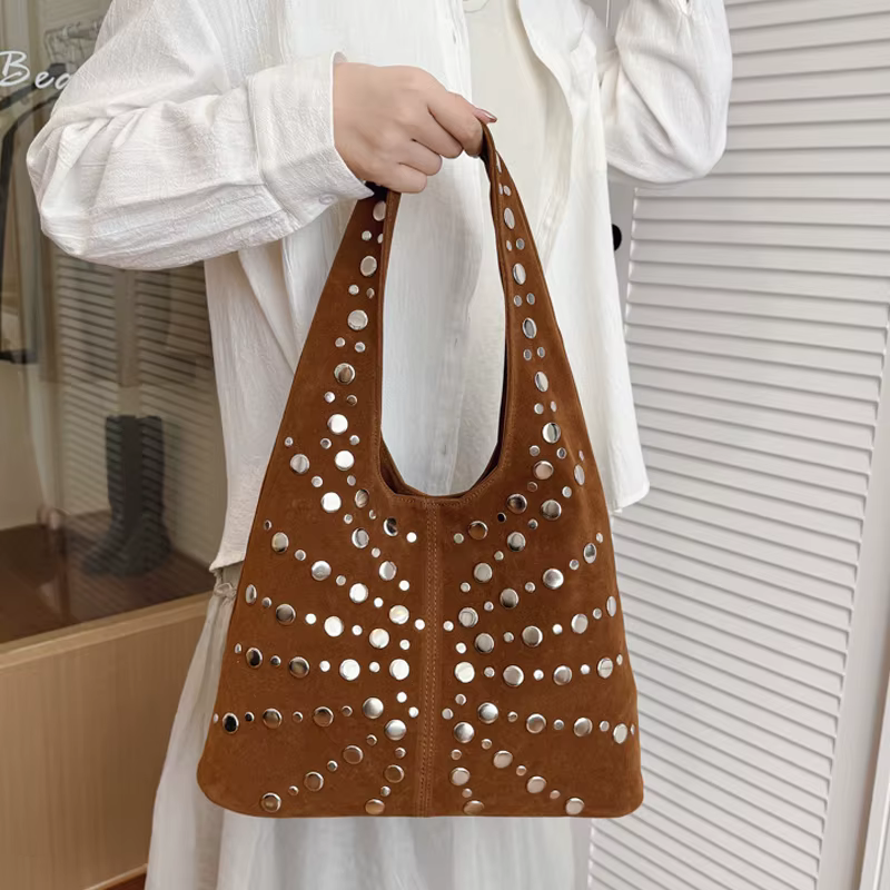 Suede Polka Dot Rivet Underarm Shoulder Bag,Metal Studded Women Handbag,Vintage Motorcycle Punk Style Tote Bag,Autumn/Winter