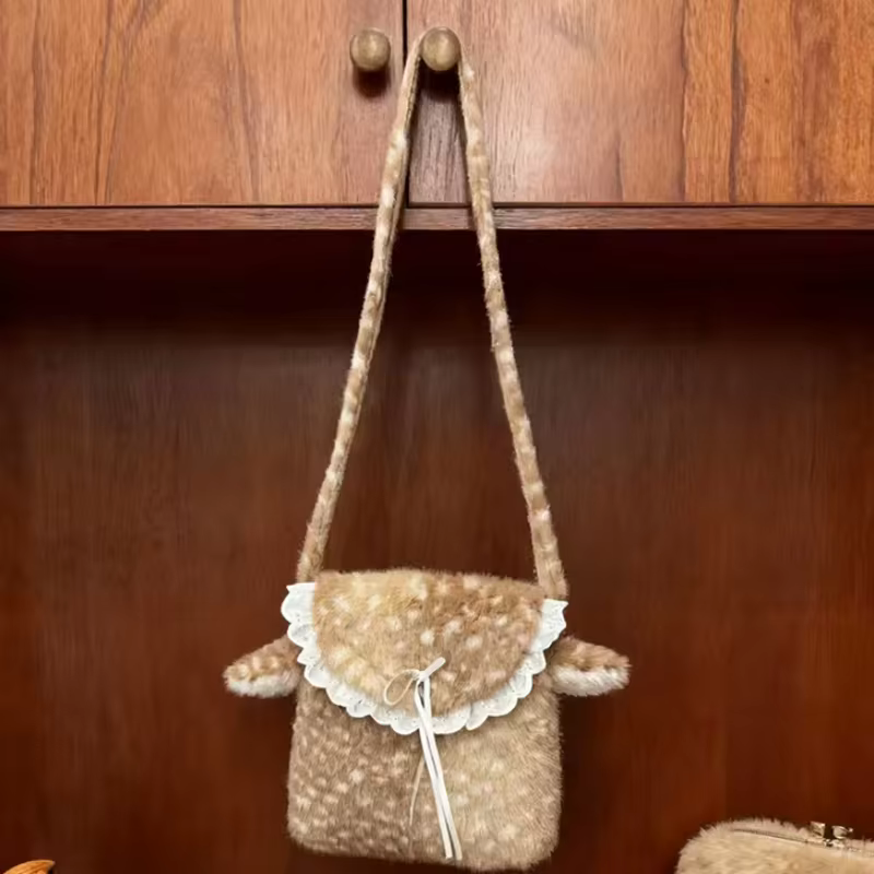 Lolita Plush Handbag Cute Lace & Bow Decor Faux Fur Shoulder Bag Vintage Brown Top-handle Bag Spotted Deer Pattern Underarm Bag