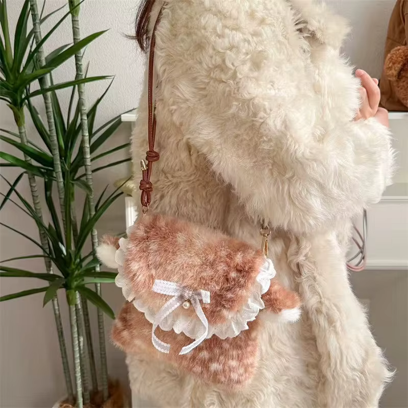 Lolita Plush Handbag Cute Lace & Bow Decor Faux Fur Shoulder Bag Vintage Brown Top-handle Bag Spotted Deer Pattern Underarm Bag