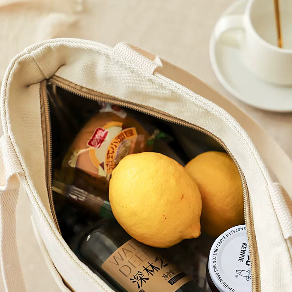 Versatile Canvas Insulated Lunch Bag with Zipper - Portable Storage Tote for Travel & Picnics, Easy-Clean Square Organizer