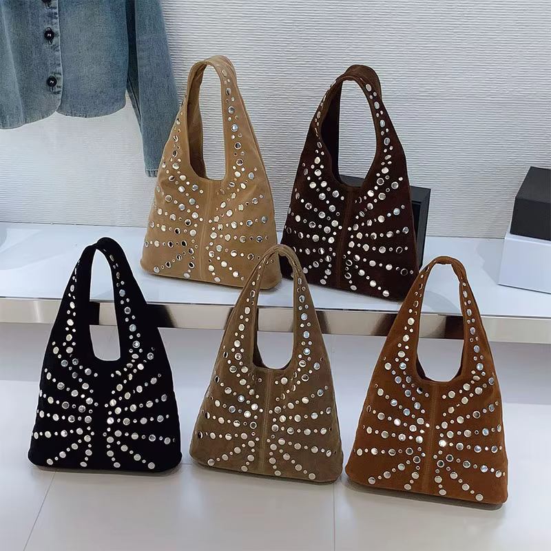 Suede Polka Dot Rivet Underarm Shoulder Bag,Metal Studded Women Handbag,Vintage Motorcycle Punk Style Tote Bag,Autumn/Winter