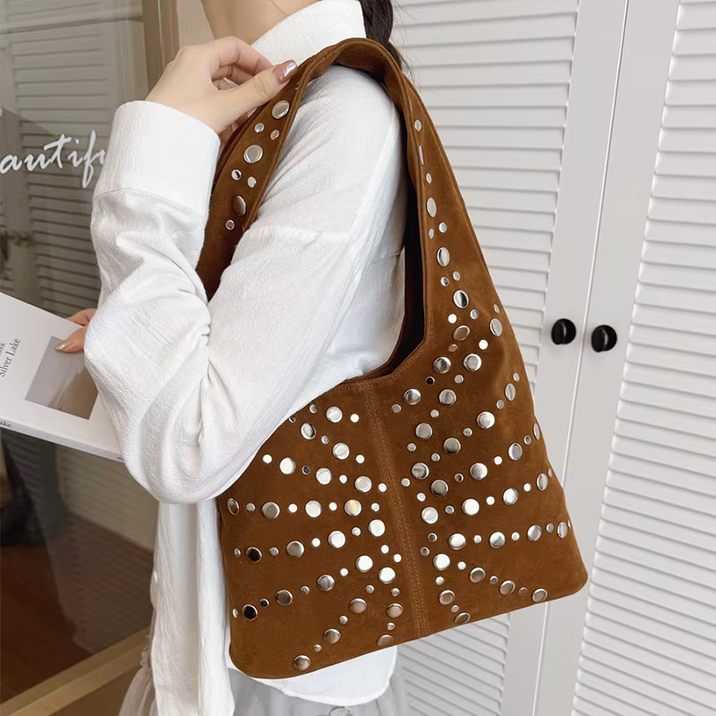 Suede Polka Dot Rivet Underarm Shoulder Bag,Metal Studded Women Handbag,Vintage Motorcycle Punk Style Tote Bag,Autumn/Winter