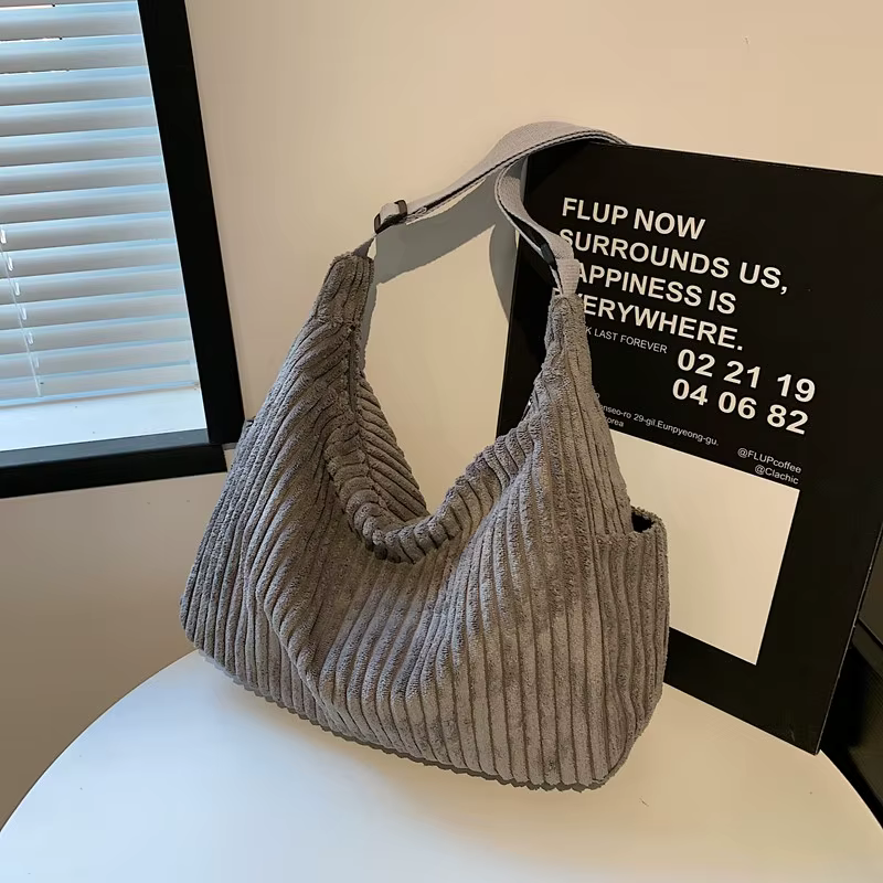 Fashion Leisure Soft Corduroy Solid Color Women's Shoulder Bag Large Capacity Zipper Female Crossbody Bag For Commute Outings