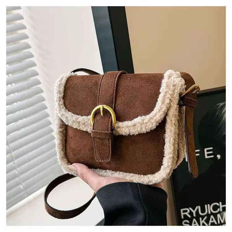 Autumn Winter Plush Bag Women's Korean Retro Small Square Handbags New Suede Lamb Wool Patchwork Shoulder Crossbody Bags